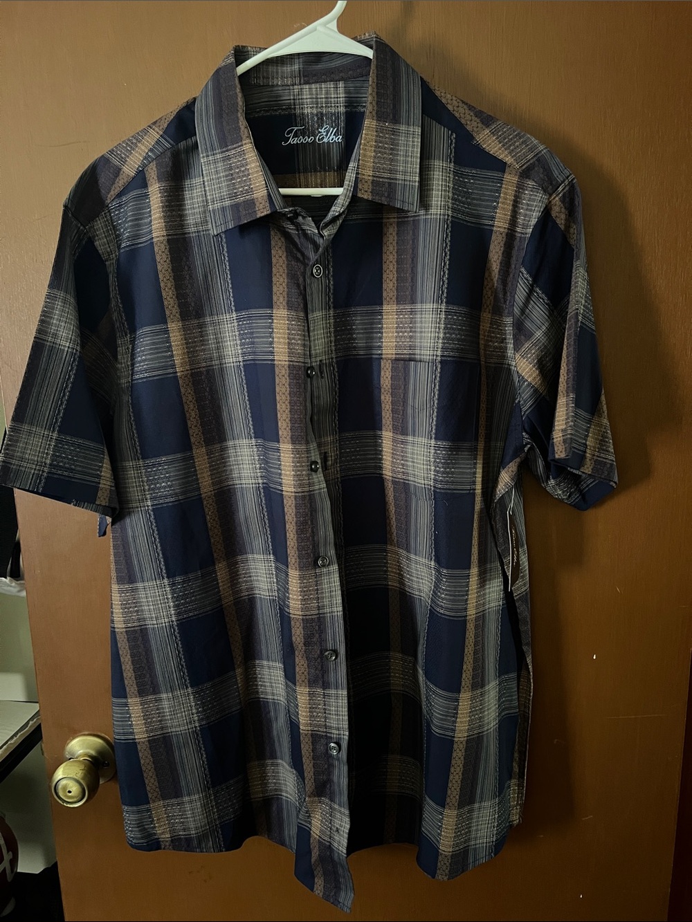 Tasso Elba Navy and Brown Plaid Short-Sleeve Button-Up Shirt